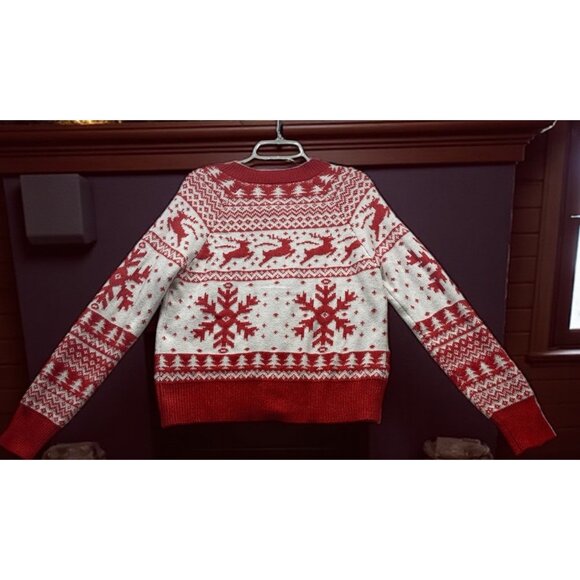 Christmas Sweater Dec. 25th Women’s S  Red/White Snowflakes Reindeer Cardigan - Picture 2 of 6